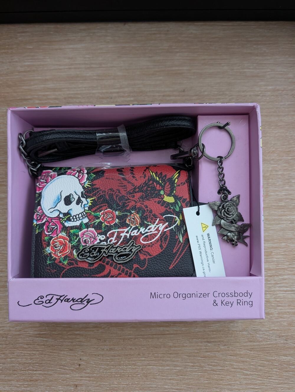 Ed Hardy Micro Organizer Crossbody w/ Detachable Strap & Key Chain, Boxed